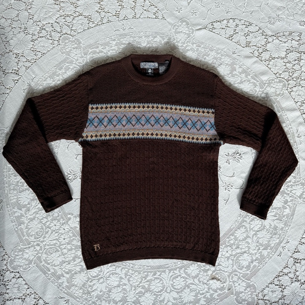 Vintage Burton 100% Pure Virgin Wool Fair Isle Argyle Brown Sweater Large‎